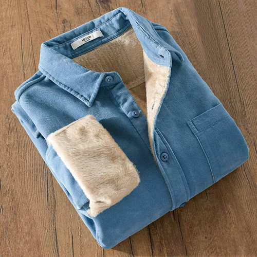 Camisa Para Hombres Pana Forrada de Vellón Manga Larga Cuello Cálido Top Blusa Bolsillo - Imagen 14 de 21
