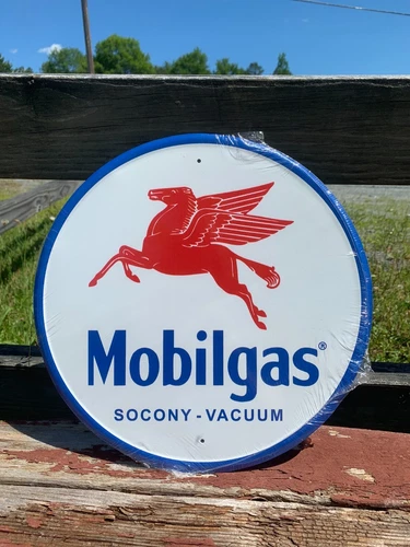 Mobilgas Pegasus Socony Round Metal Sign Tin Vintage Gas Oil Auto Garage Rustic
