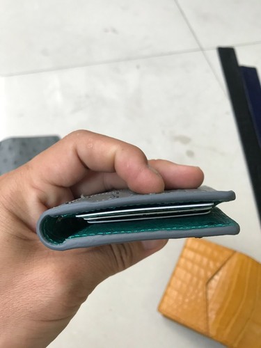 OSTRICH Leather Credit Card Holder DOUBLE SIDE Genuine GRAY- GREEN - Picture 3 of 8