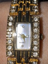 Vintage Women  s Gold Tone Quartz Watch with Crystal Accents   Rectangular Face
