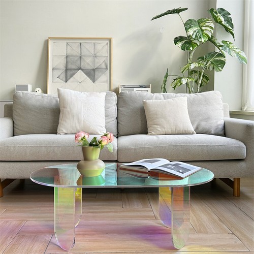 Acrylic Coffee Table Iridescent Oval Side End Table Living Room Office Reception - Picture 10 of 12