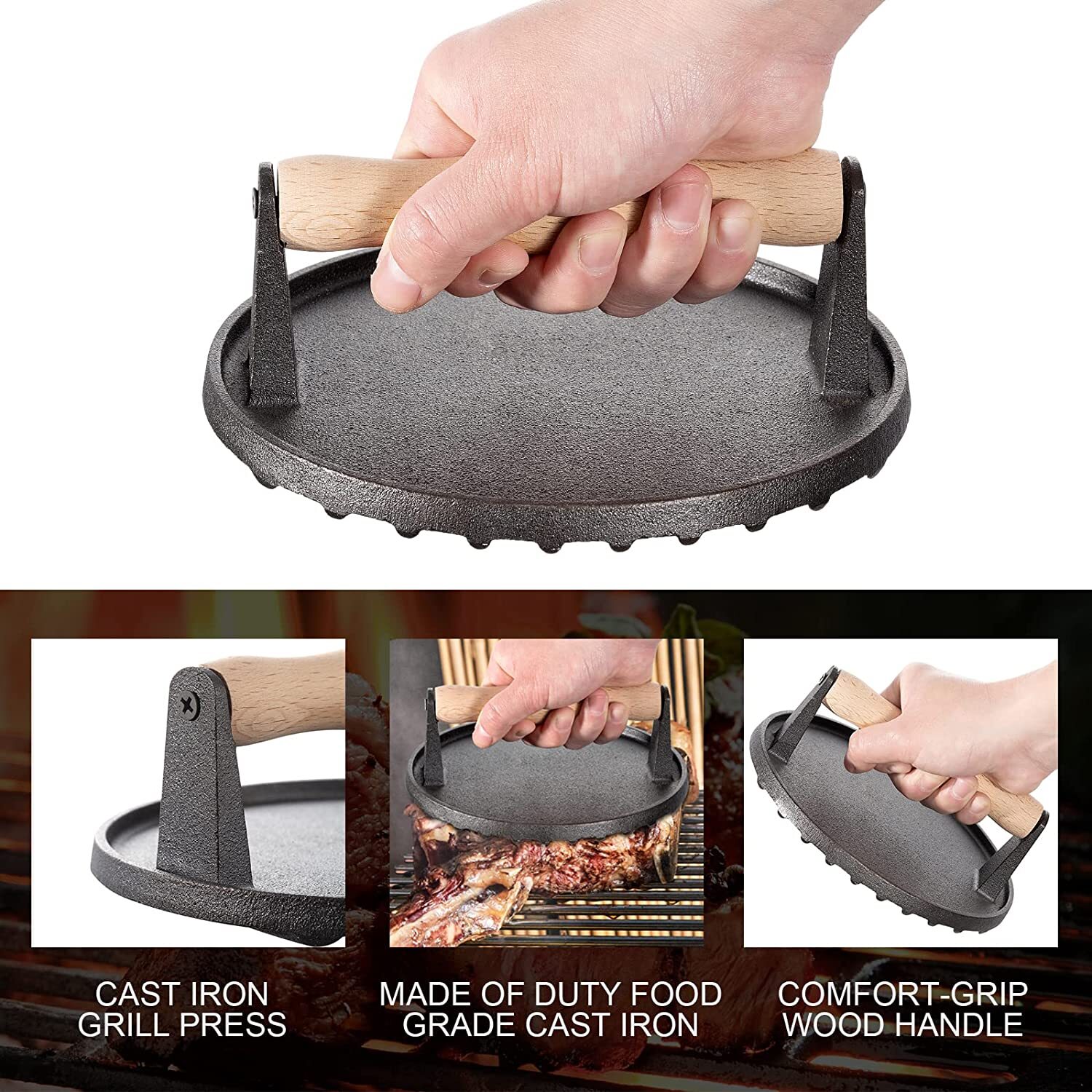 Kitchen Round Cast Iron Grill Meat Press Tool Steak Bacon Burger Press