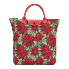 Foldable Reusable Shopping Bag in Xmas PoinsettiasTapestry Design