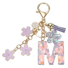 Alphabet m Tassel Cherry Blossom Initial Letter Keychain Purple, Pack of 1 