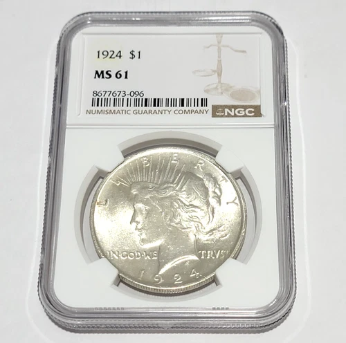 1924 $1 PEACE SILVER DOLLAR  NGC MS 61 #8677673-096     2/2
