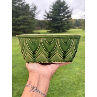 Vintage Green Ceramic Rectangular Planter Embossed Chevron Scallop 602 MCM