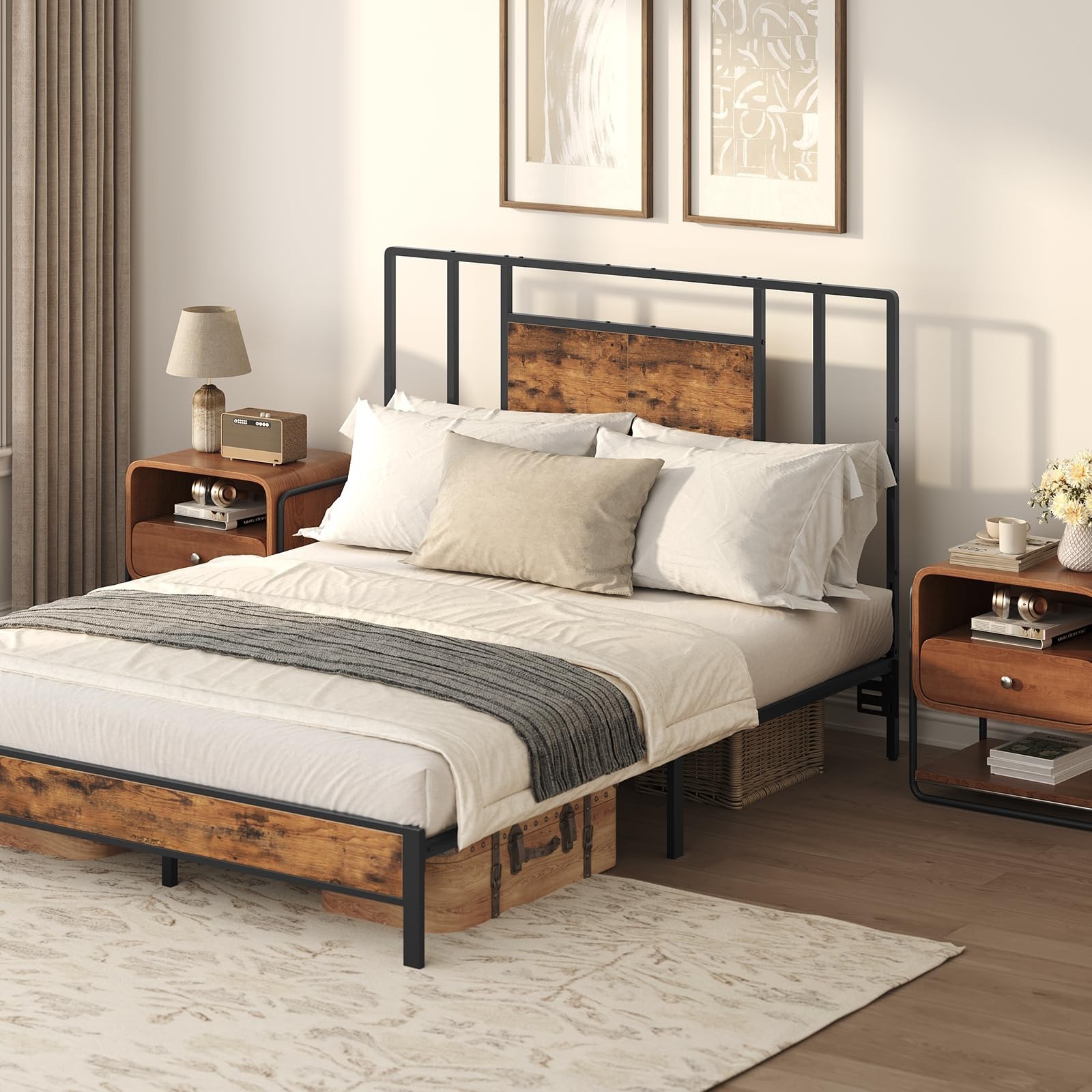 Full Size Headboard Only, Industrial Farmhouse Metal Bed Headboard with Woode...