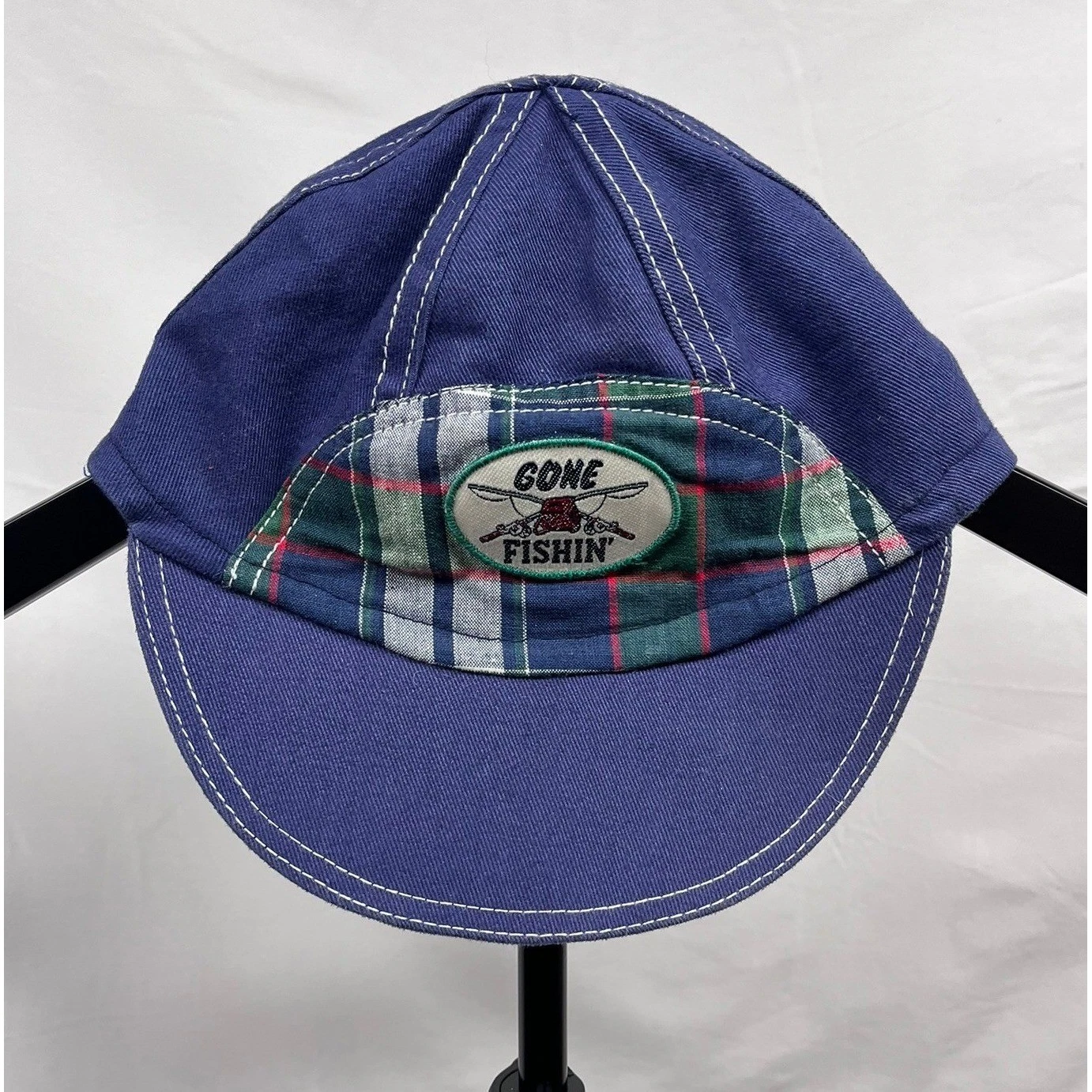 Vintage 1990's Toddlers Navy Plaid "Gone Fishing" Pull On Retro Cap