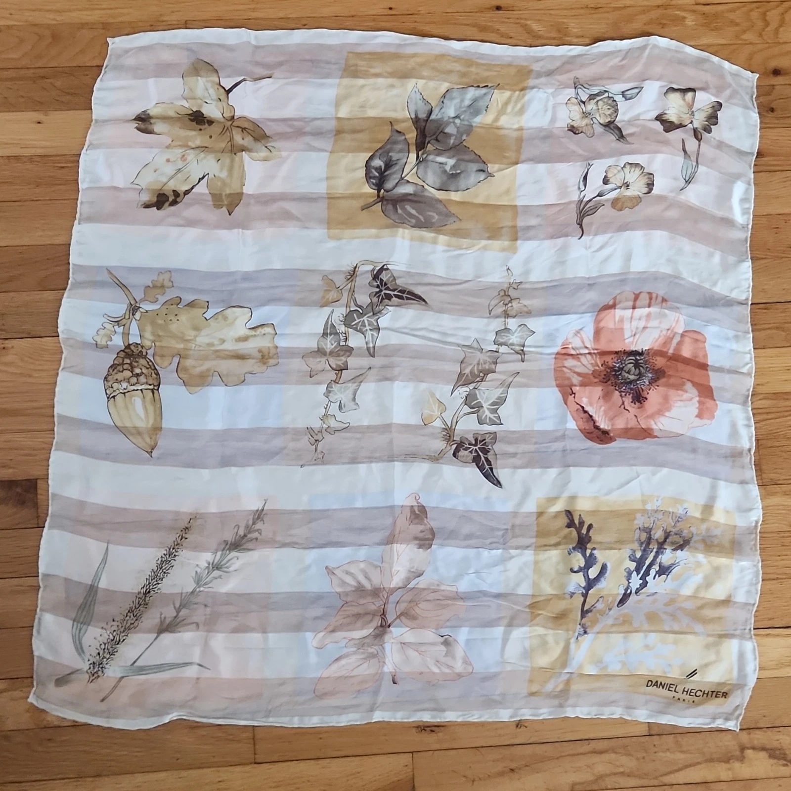 Daniel Hechter Silk Satin Square Floral Scarf Beige Brown Orange hand rolled
