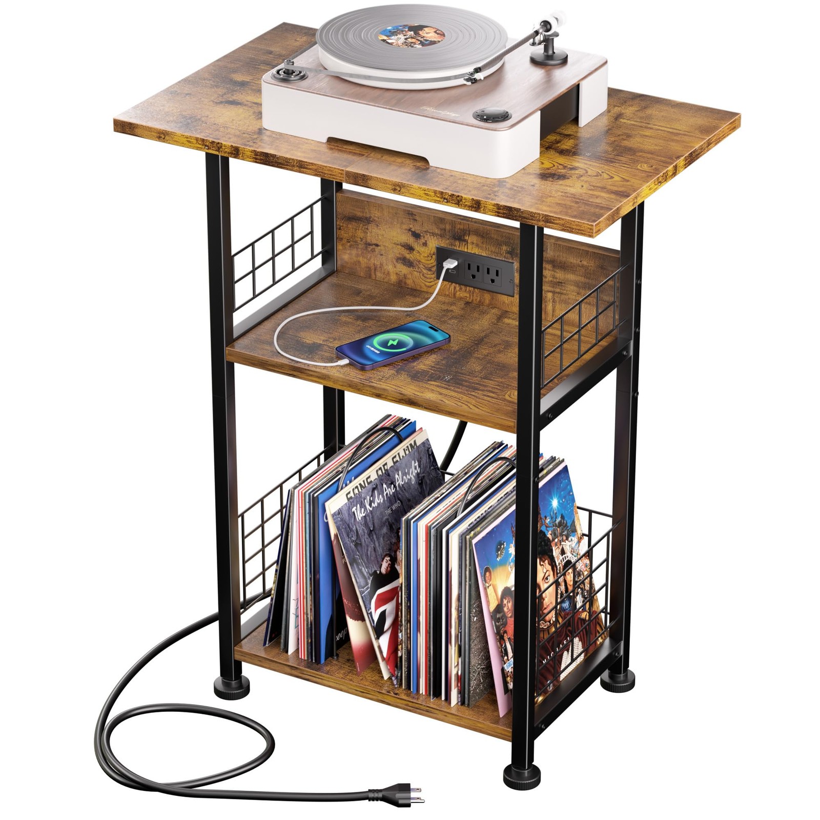 Large 3-Tier Record Player Stand with Built-in Charging Station for Turntables