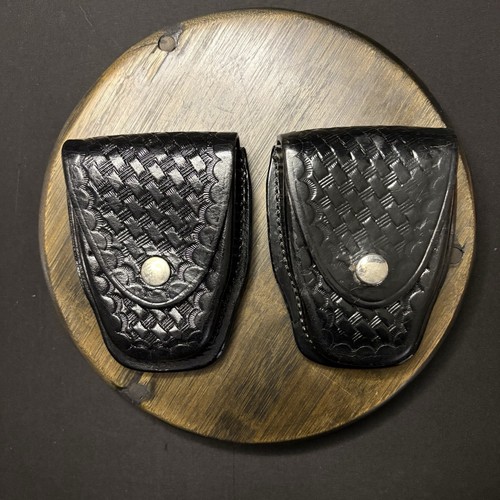 AETCO Handcuff Case Chrome Snap Black Basket Weave Leather Set Of 2 Cases