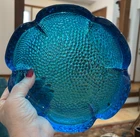 Vintage Blenko Ashtray Sapphire Blue Lotus Flower Pebbled MCM Glass 7” LARGE EXC