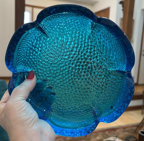 Vintage Blenko Ashtray Sapphire Blue Lotus Flower Pebbled MCM Glass 7” LARGE EXC