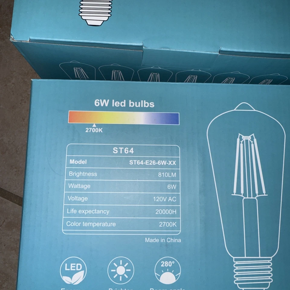 ST64 复古 LED Edison 灯泡 E26 非可调光 2700K 暖白 6W 810LM 6 件 — 第 3/4 张图片
