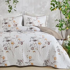  Quilt Set Queen Size, 3 Pieces Floral Botanical Plants Queen(96"×90") Brown