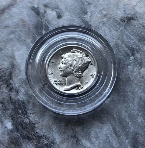 1916 SILVER MERCURY DIME IN BU CONDITION. FIRST YEAR.