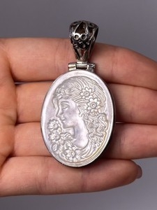 Vintage Sterling Silver Abalone Shell Cameo Pendant Woman Profile