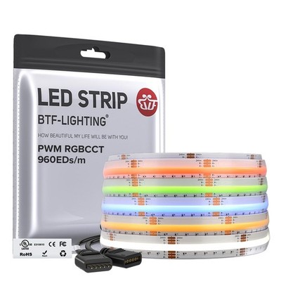 BTF-LIGHTING FCOB COB RGBCCT Color Changing LED Strip IP66 UL Listed 960LED m