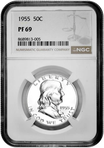 1955 50C Proof Silver Franklin Half Dollar NGC Graded PF 69 in New Holder