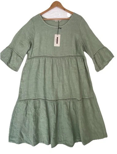 NWT Lungo L'arno 100% Linen Dress Lattice Sage Green Lagenlook Large