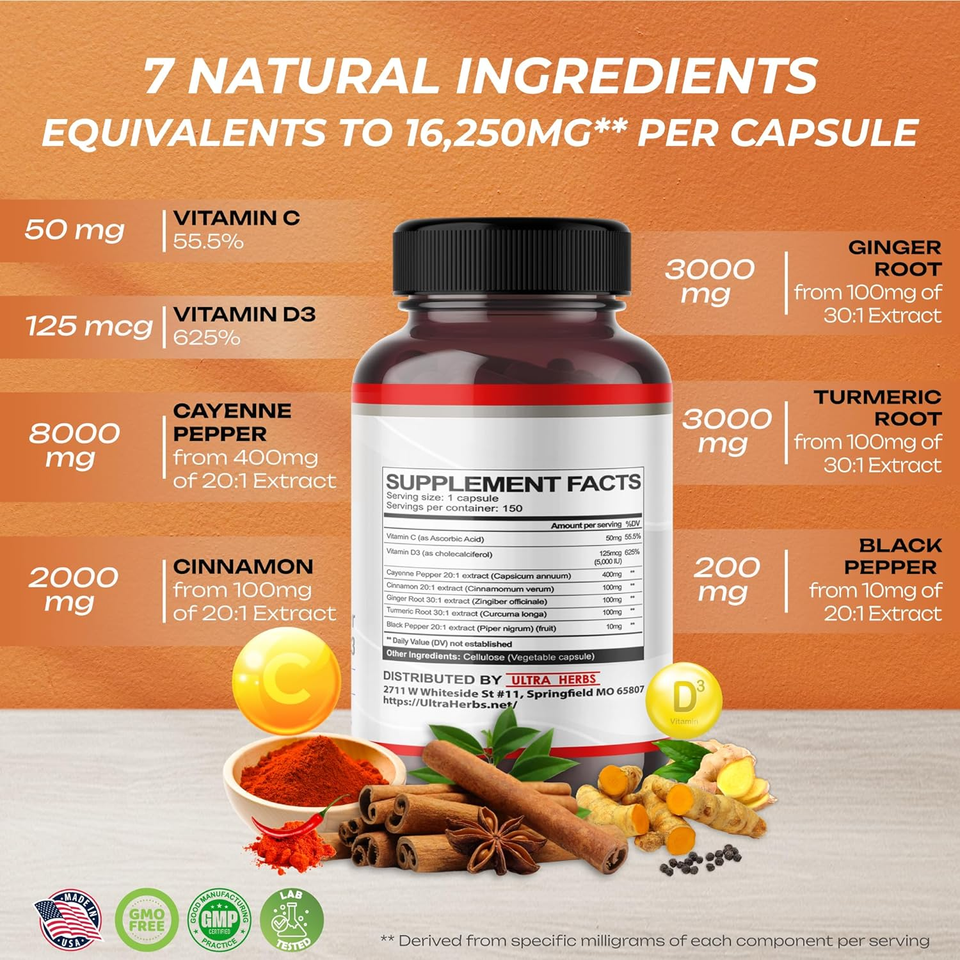 Cayenne Pepper 7 in 1 16,250Mg with Ginger, Turmeric, Cinnamon