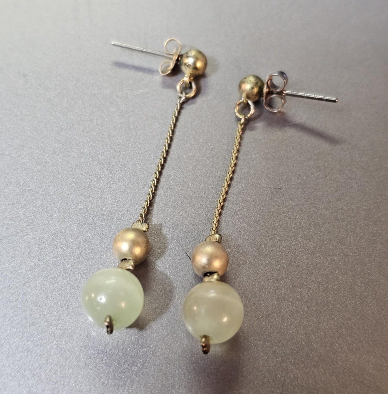 Goldtone Stud Earrings with Dangling Green Stone and Beads S85-image