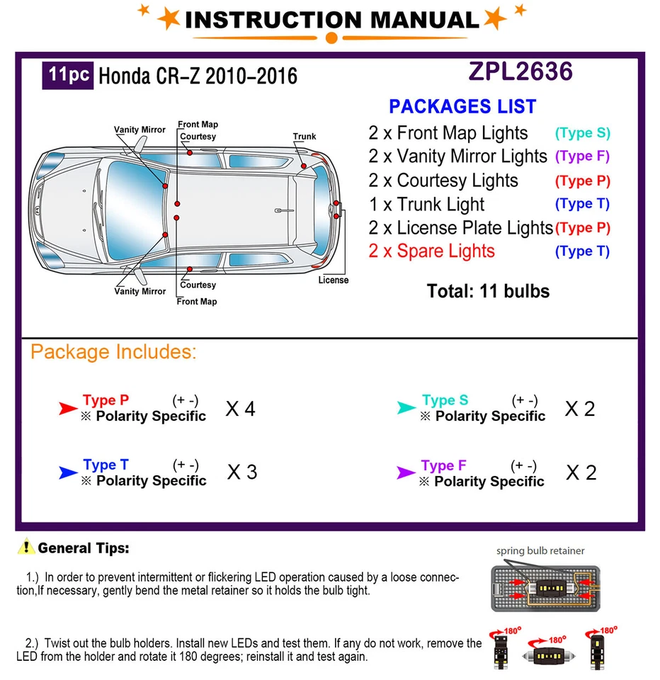 Kit de luces interiores LED para Honda CR-Z CRZ 2010-2016 actualización de bombilla LED blanca Foto 2 de 4