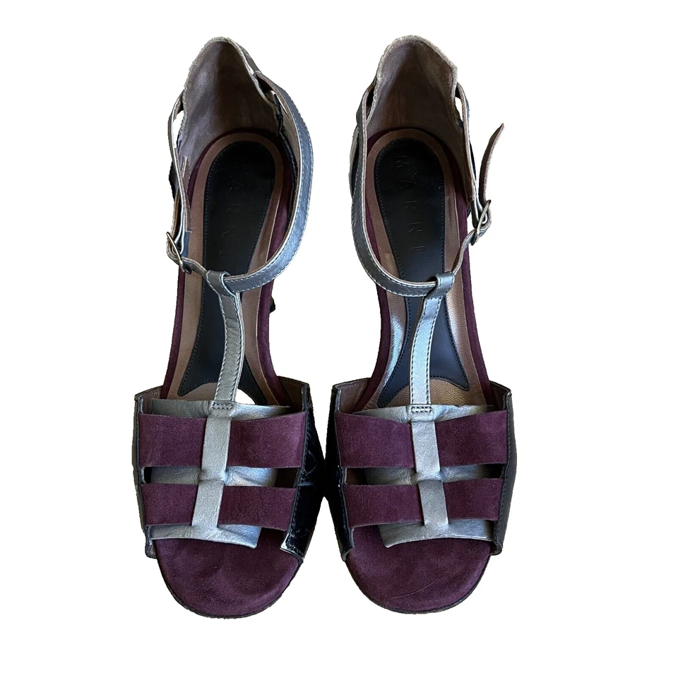 Marni 37 6 Burgundy Leather T-Strap Peep Toe Sandals Heels Designer Made Italy - Image 2 of 4