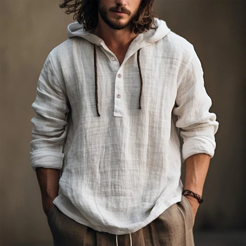 Men's Cotton Linen Hoodies Drawstring Button Hooded Swaeatshirts T Shirts Tops - Bild 36 von 41