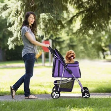 4 Wheel Dog Stroller Pet Dog Travel w//Foldable Carrier Cart &Cup Holder Purple