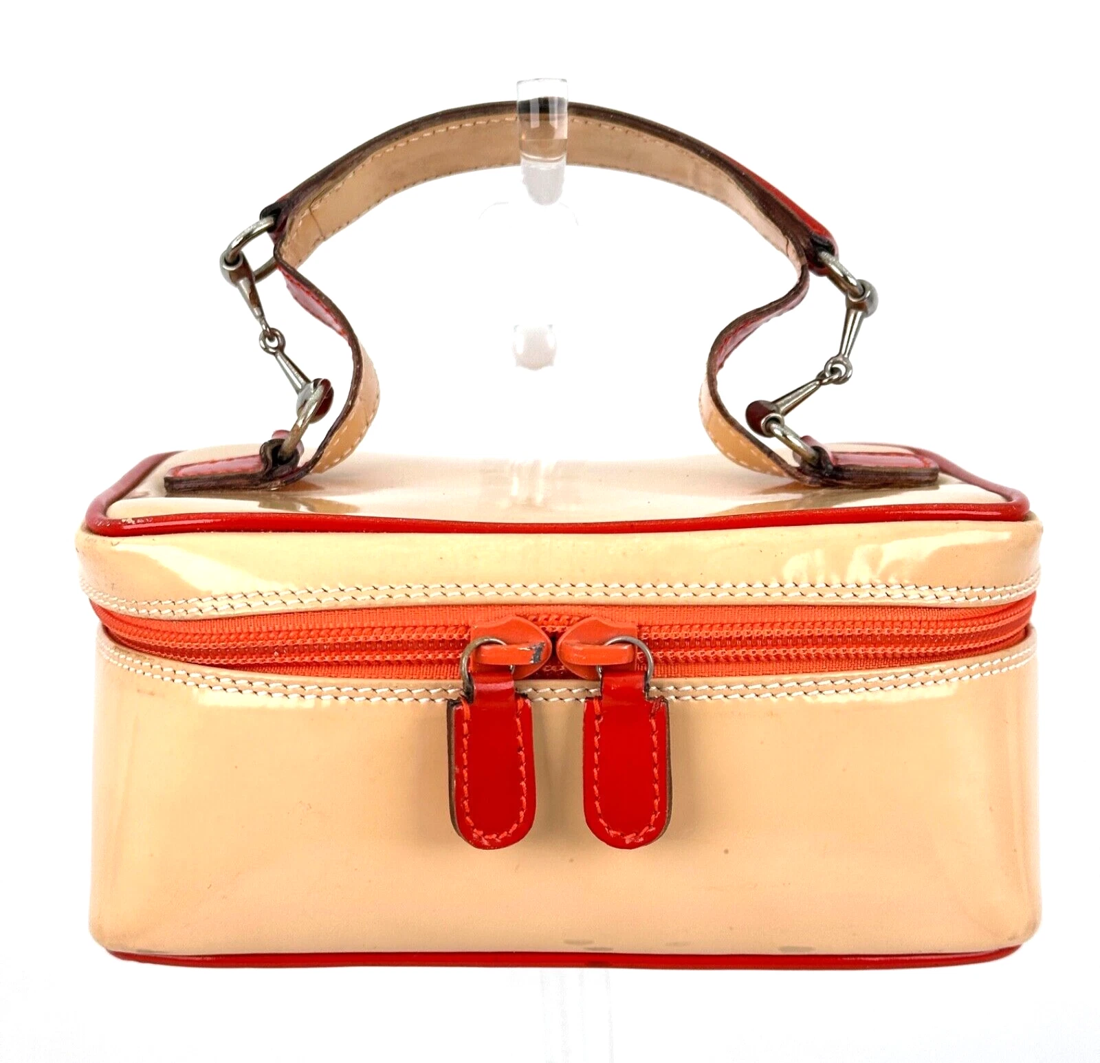 Sac à main GUCCI Vanity Bag cuir verni Horsebit orange ivoire authentique