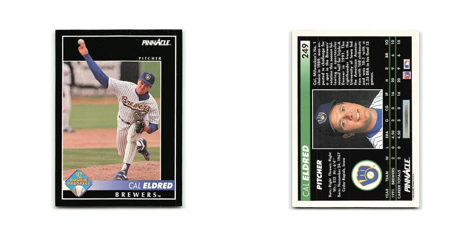 Cal Eldred Rookie 1992 Pinnacle #249 Milwaukee Brewers Baseball Card NM - Image 3 of 3