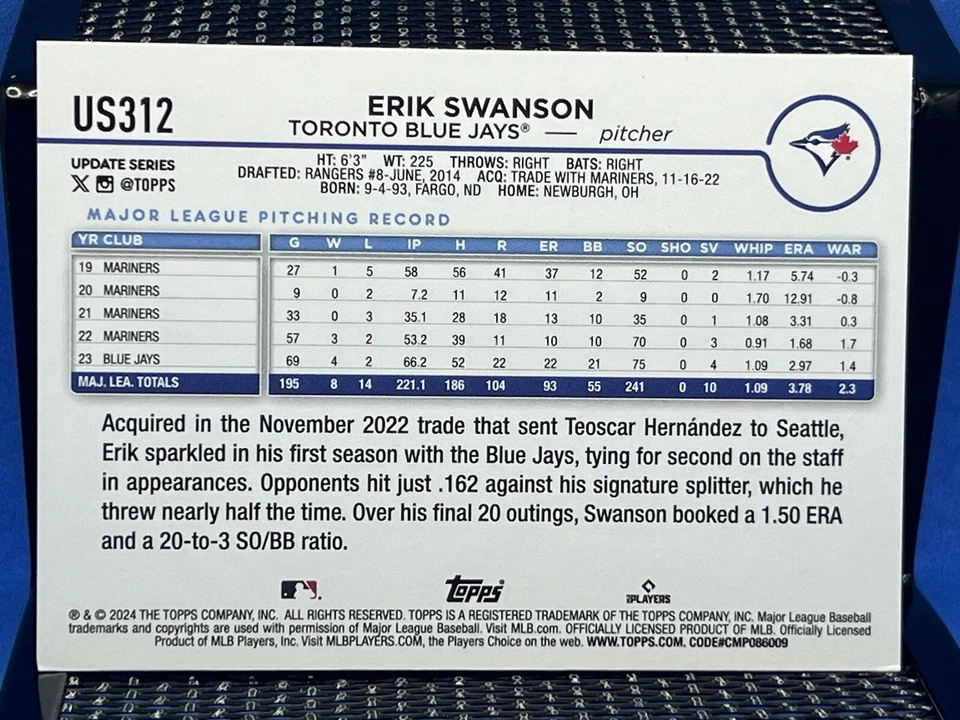 2024 Topps Update ERIK SWANSON Toronto Blue Jays US312 - Image 2 of 2