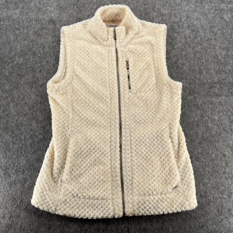 Calvin Klein Ivory Fuzzy Sherpa Quilted Fleece Zip Vest Womens Size S