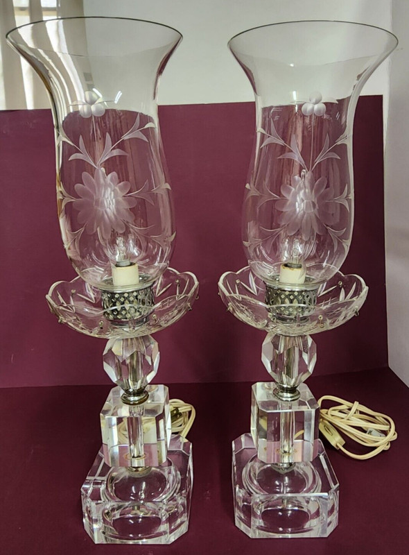 VINTAGE/ANTIQUE LARGE PAIR HURRICANE CRYSTAL LAMPS/LUSTERS