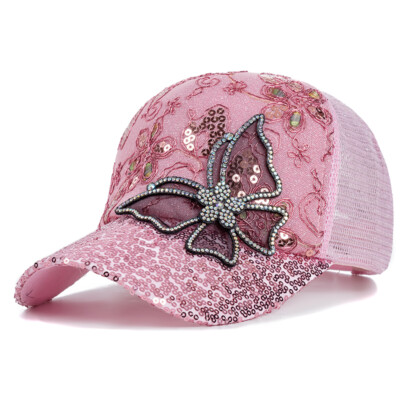 Pink Butterfly Sequin and Rhinestone Adjustable Hat LABANCA Butterfly Rhinestone Baseball Cap for Women Liberia  main image 4