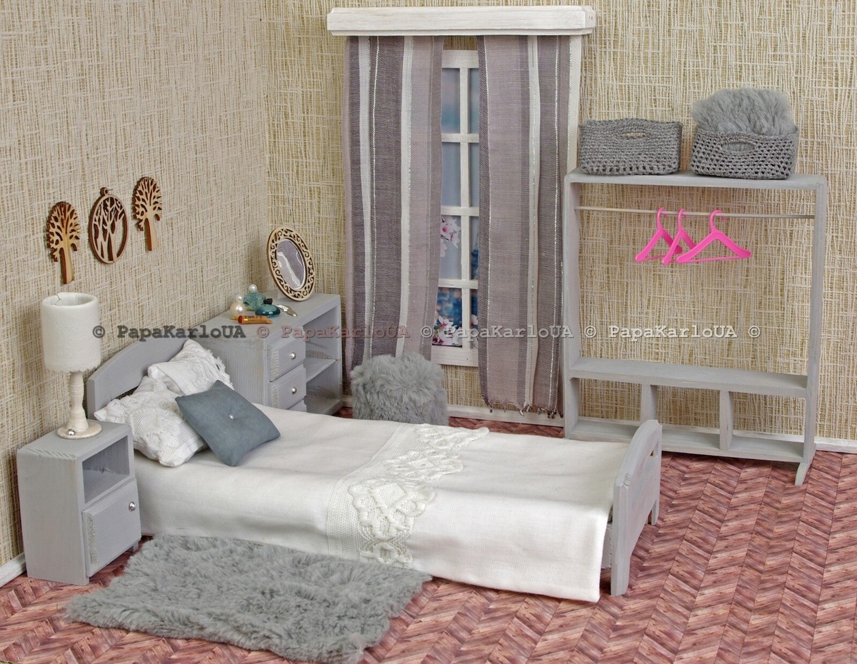 BEDRoom Set Dolls house wooden Furniture for Barbie 1:6 scale 12