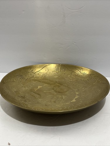 Vintage Chinese Dragon Brass Engraved Large Bowl 12” D - Picture 8 of 9