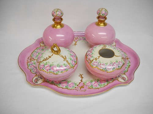Antique Limoges, etc. PORCELAIN VANITY DRESSER SET-PINK-HAND PAINTED-VG