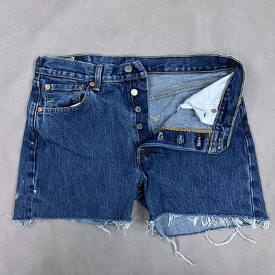 Levis 501 Cut Off Shorts Mens 30 Blue Button Fly Denim Jeans Dark Wash Frayed