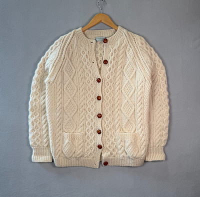VTG 70s Cardigan Womens L Ivory Aran Cable Knit Sweater Pure Chunky Wool Ireland