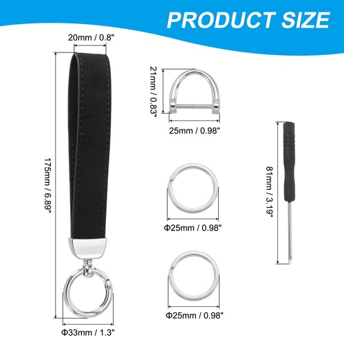 1 Pcs Leather Wristlet Keychain with Key Ring and D Ring Silver/Black - Foto 2 di 5