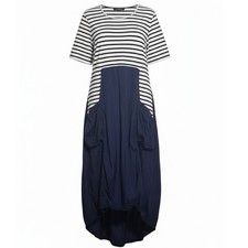 KOZAN Striped Midi Dress Navy Blue Balloon Pockets Tencel Blend Women's M