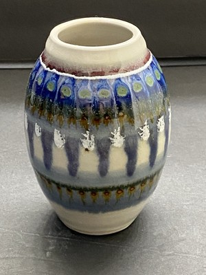 Exquisite  Art pottery multi color drip glass bud vase signed Art pottery