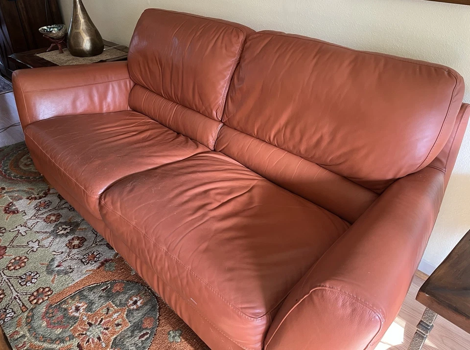 Vintage Burnt Orange Leather Sofa Couch Living Room Furniture - Image 2 of 4
