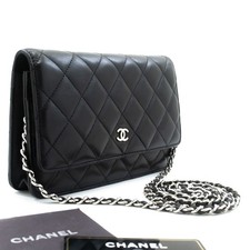ab8 CHANEL Authentic Black Classic Wallet On Chain WOC Shoulder Bag Lambskin