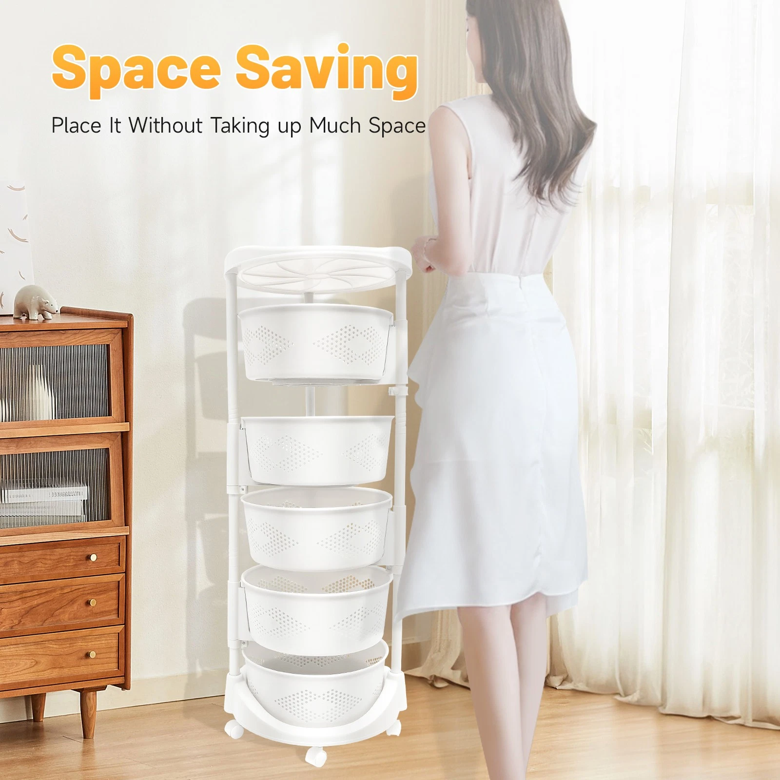 Multi-Layer Kitchen Veg Fruits Rack Holder Rolling Storage Cart Rotatable Basket
