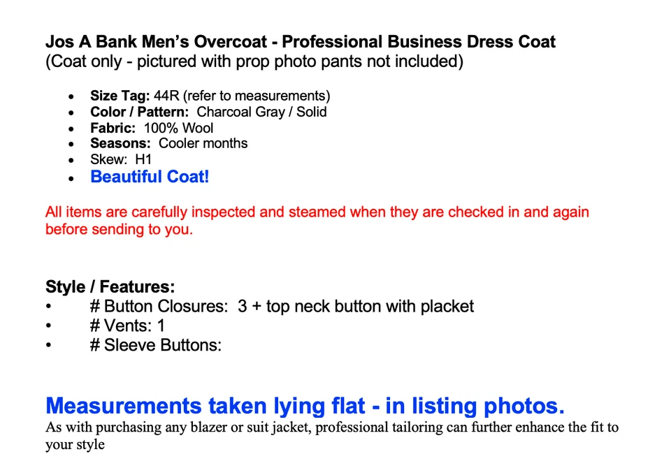 Jos A Bank Mens 44R Dark Gray Wool Professional Long OverCoat Top Coat - Image 3 of 4