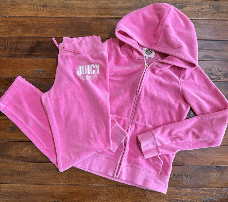 JUICY COUTURE Rosa Terciopelo Chándal Sudadera con Capucha Pantalones Niñas Niños Bordados XL 7 8 Foto 2 de 4