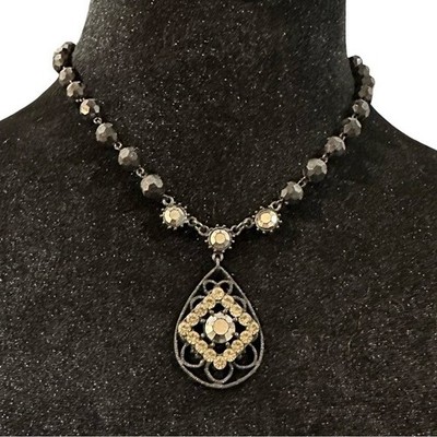 Vintage Robert Rose Necklace Black Beaded Rhinestone Pendant Adjustable Length